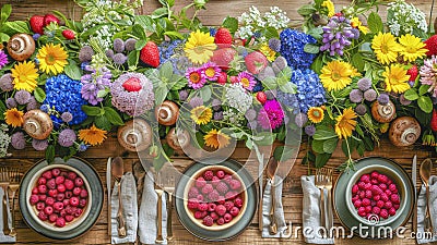 Vibrant tableau of seasonal flowers and bowls of ripe berries Stock Photo