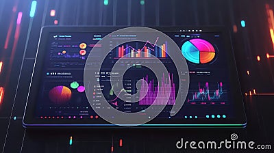 A vibrant tablet display featuring detailed data visualizations, graphs, and colorful charts for analytics and insights Stock Photo