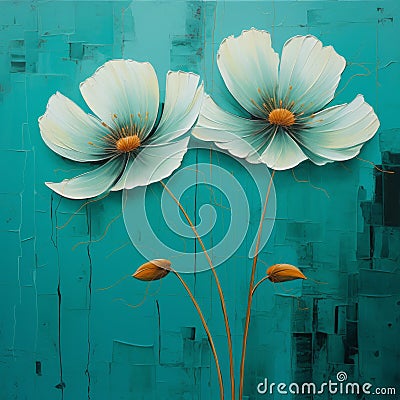 Vibrant And Textured White Flowers On Turquoise Panel Stock Photo