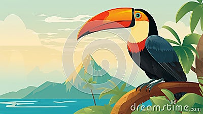 Vibrant Toucan Illustration With Mountain Background Cartoon Illustration