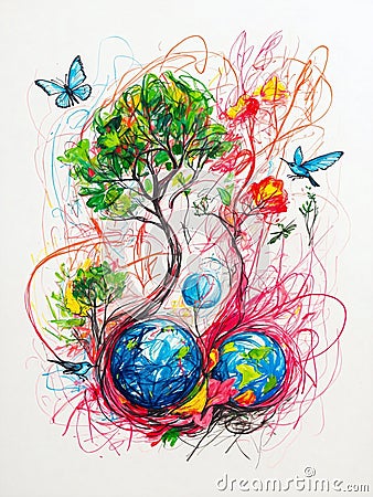 Vibrant Tree of Life with Butterflies and Earth Roots Stock Photo