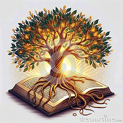 A vibrant tree springs forth from an open book, capturing the transformative journey of knowledge and creativity. Stock Photo