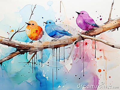 Vibrant Trio: Watercolor Songbirds on a Branch. Stock Photo
