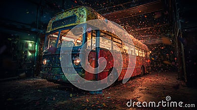 Vibrant Trolleybus Photo Shoot: Explosive Colors on Shiny Background Stock Photo