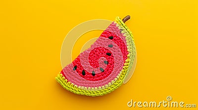 Vibrant Tropical Delight: Handmade Watermelon Crochet on a Radiant Yellow Canvas. Celebrating the Fl Stock Photo