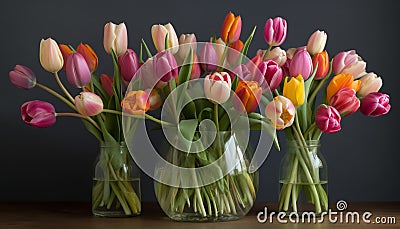 Vibrant tulip bouquet brings beauty and romance to indoor celebration generated by AI Stock Photo