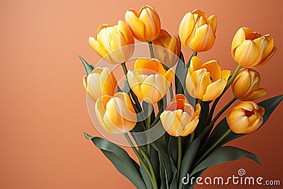 Vibrant tulip bunch on yellow background Stock Photo