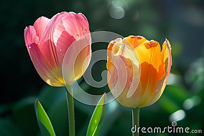 Vibrant Tulips Glistening with Morning Dew Stock Photo