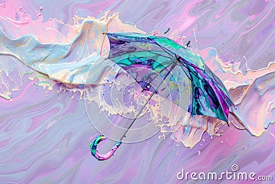 Vibrant umbrella with multicolored paint splashes trailing behind on a pastel gradient background. ai Stock Photo