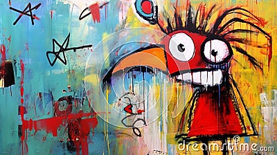 Scary Red Bird: An Abstract Painting In Humorous Graffiti Style Stock Photo