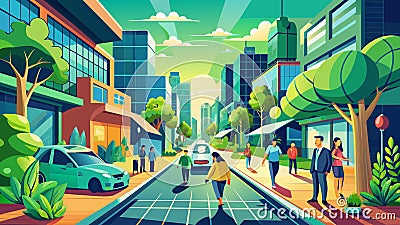 Vibrant Urban Street Scene with Diverse Pedestrians and Modern Skyline Stock Photo