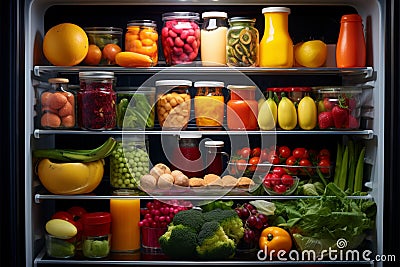 Vibrant variety Fridge packed with a colorful array of wholesome foods Stock Photo