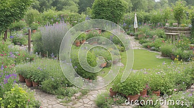 A vibrant village herb garden with aromatic plants. Stock Photo