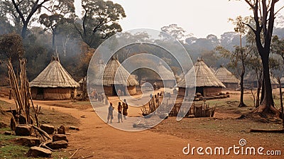 Vibrant Village Life: African Hamlet with Charming Round Huts Stock Photo