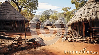 Vibrant Village Life: Traditional African Huts in a Picturesque Setting Stock Photo