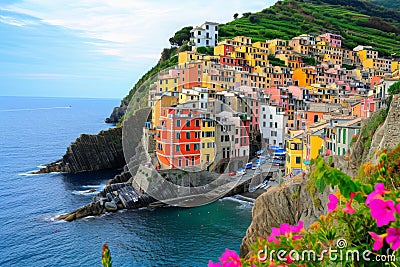 A vibrant village perched on a cliff, offering a breathtaking view of the ocean, A colorful Italian coastal village, AI Generated Stock Photo