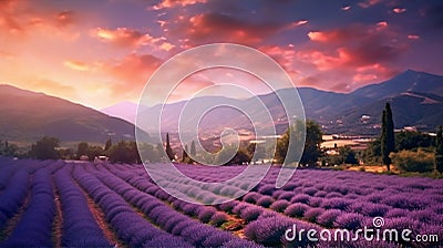 Vibrant Vistas: Lavender Fields Awakened by the Setting Sun Stock Photo