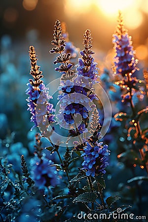 Vibrant Vistas: A Serene Sunset in a Field of Purple Flowers Stock Photo