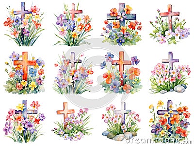 Vibrant Watercolor Flowers Adorning Crosses Stock Photo