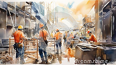 A vibrant watercolor illustration of a group of workmen wearing safety helmets and reflective vests, AI-Generated Cartoon Illustration