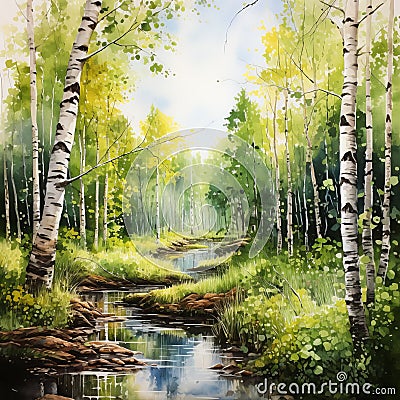 vibrant watercolor image of spring in the forest birch trees and a small freshwater stream, Stock Photo