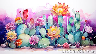 Vibrant Watercolor Moon Cactus Against White Background AI Generated Cartoon Illustration