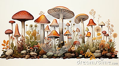 Vibrant watercolor mushroom collection. Seasonal fungi in rich autumn hues. Botanical illustration of edible and wild varieties. Cartoon Illustration