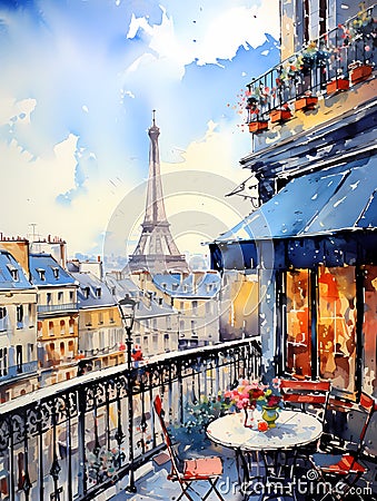 Watercolor Painting Of A Balcony With A Tower In The Background Stock Photo