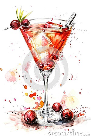 Vibrant Watercolor Painting of a Refreshing Cranberry Cocktail in a Glass Stock Photo
