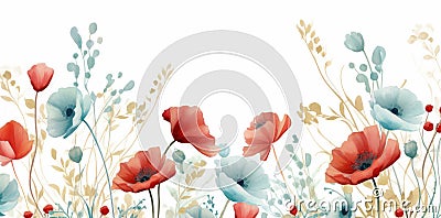 Vibrant Watercolor Poppy Border Art - A Symphony of Red in Bloom. Generative AI Stock Photo