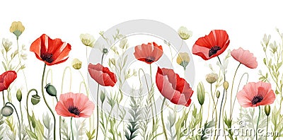 Vibrant Watercolor Poppy Border Art - A Symphony of Red in Bloom. Generative AI Stock Photo