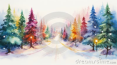 Vibrant Watercolor Snowy Lane with Christmas Trees and Multicolored Lights AI Generated Cartoon Illustration