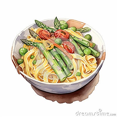 Vibrant Watercolor Spaghetti With Asparagus And Peas Cartoon Illustration
