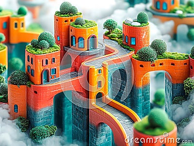 A vibrant, whimsical castle on a rugged cliff with multiple levels, distinct architectural features arches, columns Stock Photo