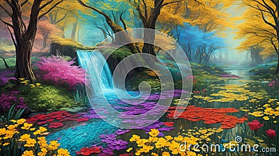 A Vibrant, Whimsical Fantasy Painting Depicting Vibrant Jewel-Toned Colorful Enchanted Fantasy Forest with a Waterfall, River, and Stock Photo