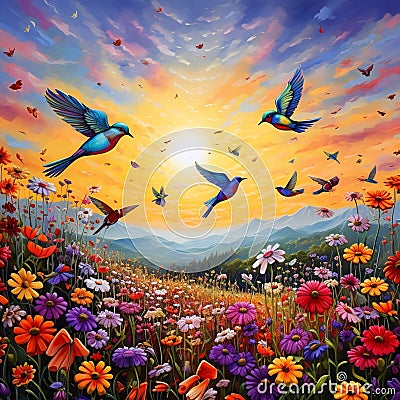 Vibrant and Whimsical Landscape with Wildflowers and Colorful Birds Stock Photo