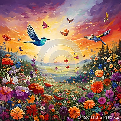 Vibrant and Whimsical Landscape with Wildflowers and Colorful Birds Stock Photo