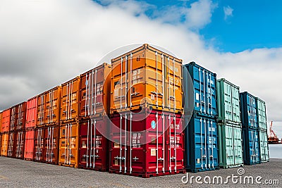 Vibrant world of global trade at the bustling port, where rows of colorful shipping containers line the waterfront. Stock Photo