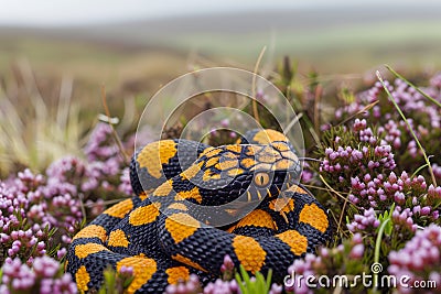 Vibrant Yellow and Black Banded California Kingsnake Coiled Among Purple Wildflowers in Natural Habitat Stock Photo