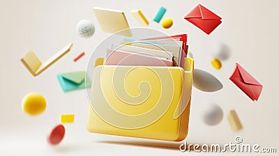 vibrant yellow folder icon with floating colorful documents and shapes, creating dynamic and playful scene Stock Photo