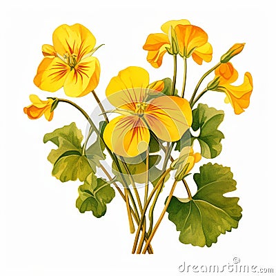 Vibrant Yellow Geraniums On White Background: Nasturtium Clipart Cartoon Illustration