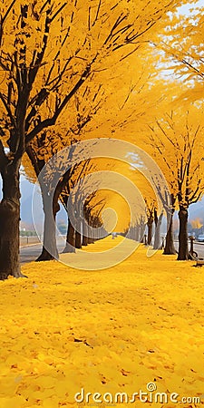 Vibrant Yellow Tree In The Style Of Hiroshi Nagai - Uhd Image Stock Photo