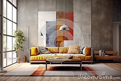 Vibrant yellow velvet sofa against of concrete wall with colorfu Stock Photo