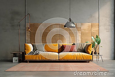 Vibrant yellow velvet sofa against of concrete wall with matte b Stock Photo