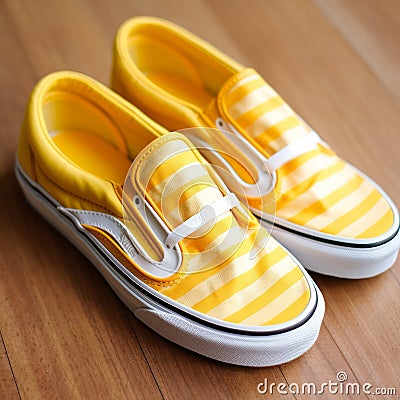 Vibrant Yellow And White Striped Vans Slip-ons For A Stylish Look Stock Photo