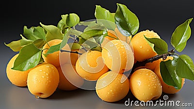 Vibrant Zbrush Art: Hanging Yellow Peaches With Water Drops Stock Photo
