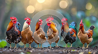 Vibrantly colored hens pecking in the lively farmyard dust, showcasing their beautiful plumage Stock Photo