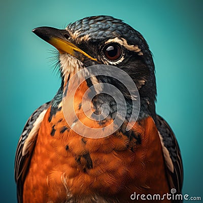 Vibrantly Surreal American Robin Portrait On Blue Background Stock Photo