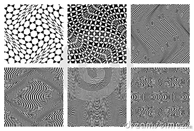 Vibrating seamless patterns set. Optical art black and white fabric swatches design Vector Illustration