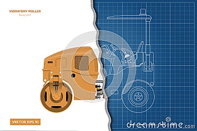 Vibratory roller in outline style. Side, back and front view. Industrial drawing of asphalt compactor. Blueprint Vector Illustration